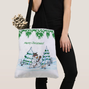 Frohe Weihnachten! Schneemann mit Katze und Welpe Tasche