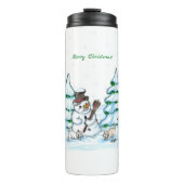 Frohe Weihnachten! Schneemann mit Katze und Welpe Thermosbecher (Vorderseite)
