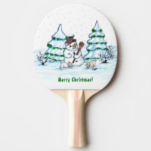 Frohe Weihnachten! Schneemann mit Katze und Welpe Tischtennis Schläger