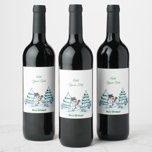 Frohe Weihnachten! Schneemann mit Katze und Welpe Weinetikett (Flaschen)
