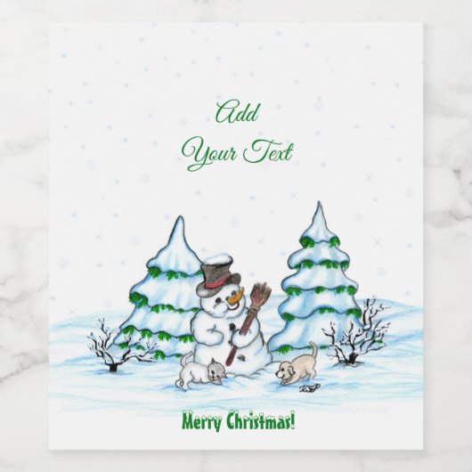 Frohe Weihnachten! Schneemann mit Katze und Welpe Weinetikett (Einzelnes Label)