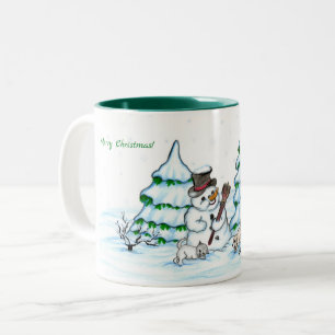 Frohe Weihnachten! Schneemann mit Katze und Welpe Zweifarbige Tasse