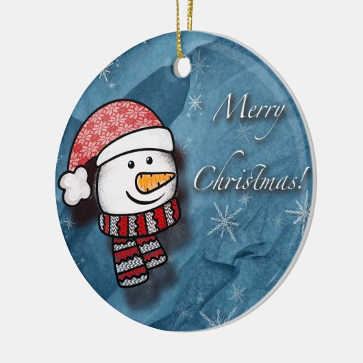 Frohe Weihnachten, Schneemann mit Strickkleidung Keramik Ornament (Links)