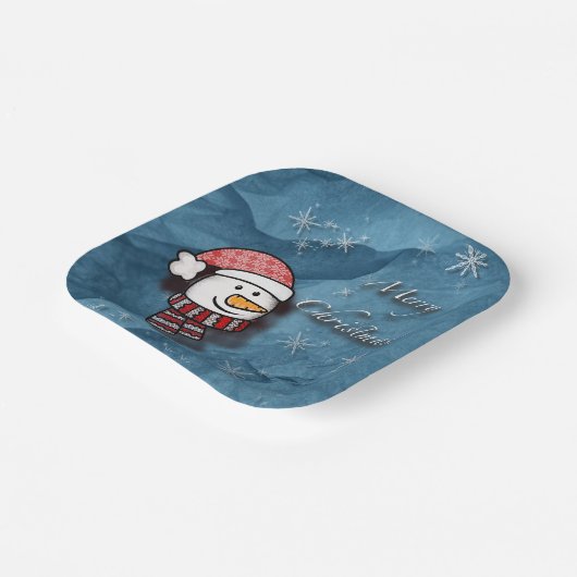 Frohe Weihnachten, Schneemann mit Strickkleidung Pappteller (Gewinkelt)