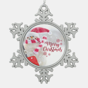 Frohe Weihnachten, Schneemann mit Weihnachtsmannmü Schneeflocken Zinn-Ornament