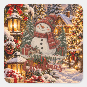 Frohe Weihnachten Schneemann Quadratischer Aufkleber