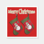 Frohe Weihnachten Schneemann Strumpf über Rot Serviette (Vorderseite)