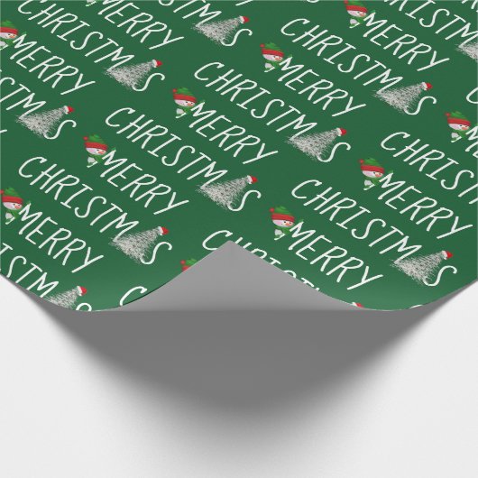 Frohe Weihnachten Schneemann und Baum in Schneeflo Geschenkpapier (Ecke)