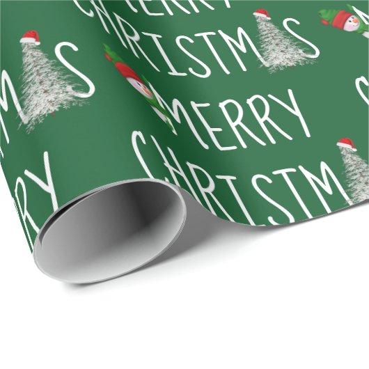 Frohe Weihnachten Schneemann und Baum in Schneeflo Geschenkpapier (Rolleneckpunkt)