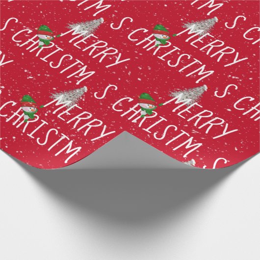 Frohe Weihnachten Schneemann und Baum in Schneeflo Geschenkpapier (Ecke)