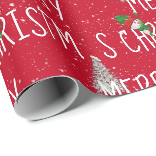 Frohe Weihnachten Schneemann und Baum in Schneeflo Geschenkpapier (Rolleneckpunkt)