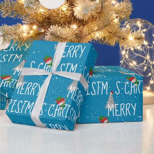 Frohe Weihnachten Schneemann und Baum in Schneeflo Geschenkpapier (Feiertage)