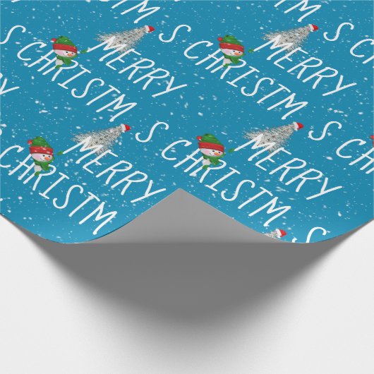 Frohe Weihnachten Schneemann und Baum in Schneeflo Geschenkpapier (Ecke)