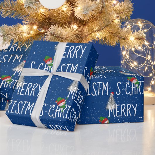 Frohe Weihnachten Schneemann und Baum in Schneeflo Geschenkpapier (Feiertage)