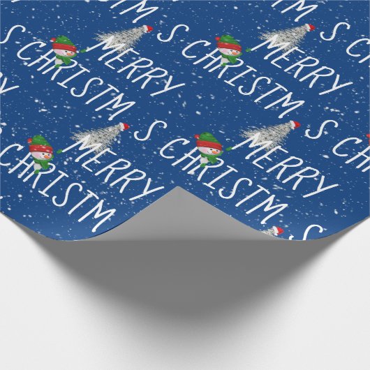 Frohe Weihnachten Schneemann und Baum in Schneeflo Geschenkpapier (Ecke)