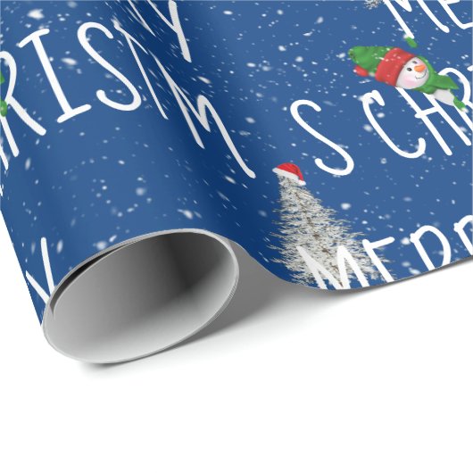 Frohe Weihnachten Schneemann und Baum in Schneeflo Geschenkpapier (Rolleneckpunkt)