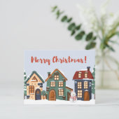 Frohe Weihnachten Schneemann und Häuser Postkarte (Stehend Vorderseite)