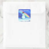 Frohe Weihnachten Schneemann und Regenbogen Quadratischer Aufkleber (Tasche)