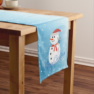Frohe Weihnachten Schneemann und Schneeflocken Großer Tischläufer