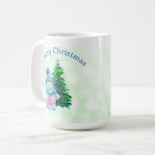 Frohe Weihnachten, Schneemann und Weihnachtsbaum Kaffeetasse (Vorderseite Links)