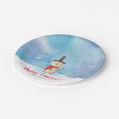 Frohe Weihnachten Schneemann wellen und lächeln Pappteller (Schrägansicht)