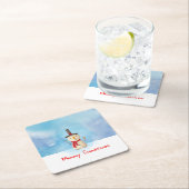 Frohe Weihnachten Schneemann wellen und lächeln Rechteckiger Pappuntersetzer (Vor Ort)