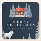 Frohe Weihnachten-/Schneewinterhütte mit Wolf Rechteckiger Pappuntersetzer (Vorderseite)
