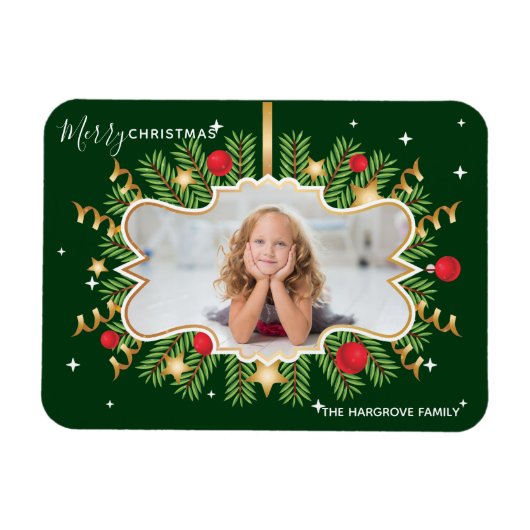 Frohe Weihnachten Schönes Grün Gold Foto Wreath Magnet (Horizontal)