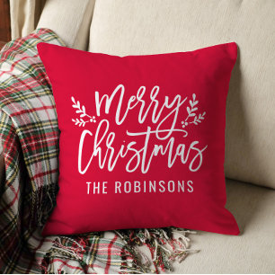 Frohe Weihnachten Schrift Familienname Rot Kissen