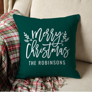 Frohe Weihnachten Schrift Familienname Smaragd Kissen