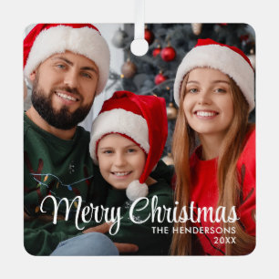 Frohe Weihnachten Schrift Text Overlay Familienfot Ornament Aus Metall