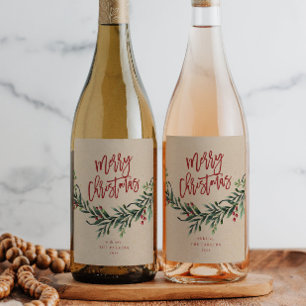 Frohe Weihnachten Schrift Zweig mit Beeren Weinetikett