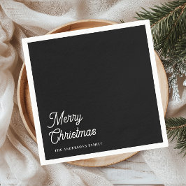 Frohe Weihnachten Schwarz Napkin mit Familienname Serviette