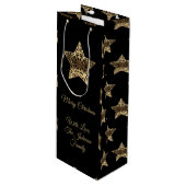 Frohe Weihnachten Schwarz und Gold Look Sterne Mus Geschenktüte Für Weinflaschen (Vorderseite Schrägansicht)