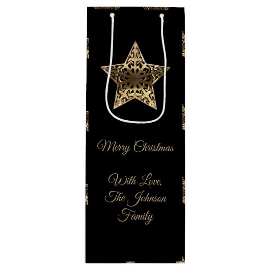 Frohe Weihnachten Schwarz und Gold Look Sterne Mus Geschenktüte Für Weinflaschen (Vorderseite)