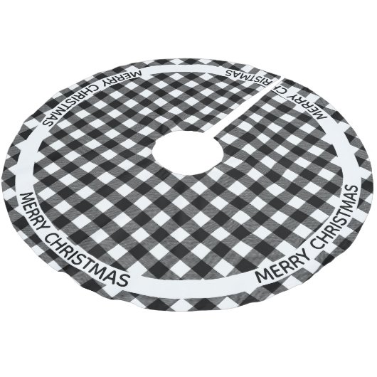 Frohe Weihnachten Schwarz & Weiß Buffalo Karierte Polyester Weihnachtsbaumdecke (Schrägansicht)