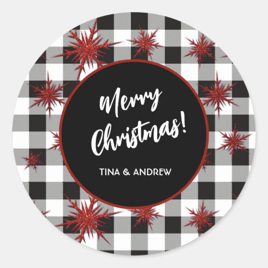 Frohe Weihnachten Schwarz-weiß Buffalo Karo Runder Aufkleber (Vorderseite)