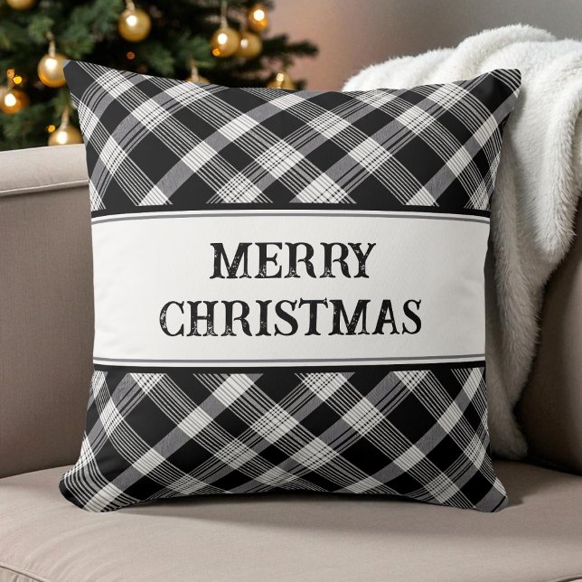 Frohe Weihnachten Schwarz-Weiß Karierte moderne We Kissen (Merry Christmas Black and White Plaid Modern Xmas Throw Pillow)