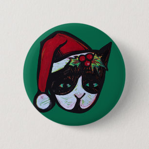 Frohe Weihnachten Schwarz-Weiß Katze Button