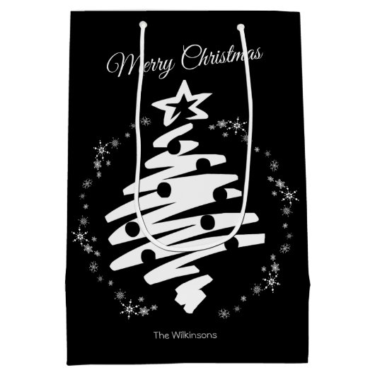 Frohe Weihnachten Schwarz-weiß Minimal Moderner Ur Mittlere Geschenktüte (Rückseite)