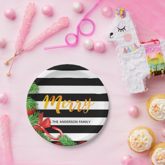 Frohe Weihnachten Schwarz-weißen Streifen Rote Dek Pappteller (Party)