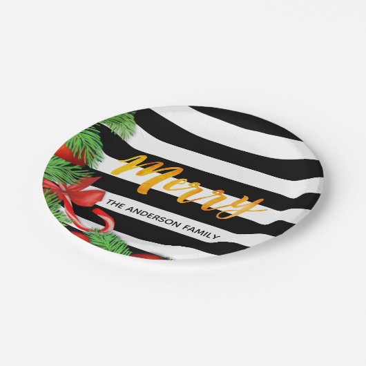 Frohe Weihnachten Schwarz-weißen Streifen Rote Dek Pappteller (Schrägansicht)