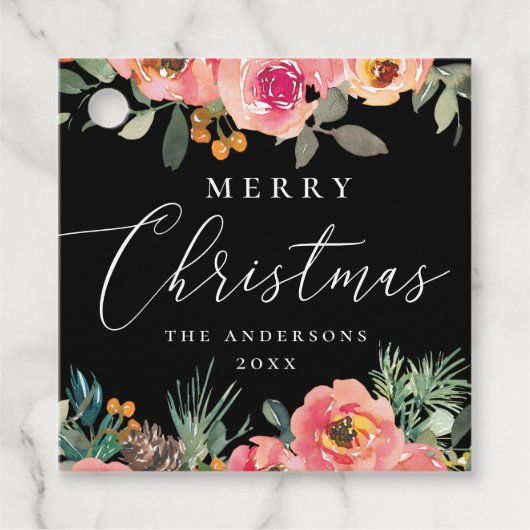 Frohe Weihnachten | Schwarze Flora und Pinien Urla Geschenkanhänger (Vorderseite)