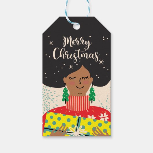 Frohe Weihnachten, schwarze Frau, heller Pullover Geschenkanhänger (Vorderseite)