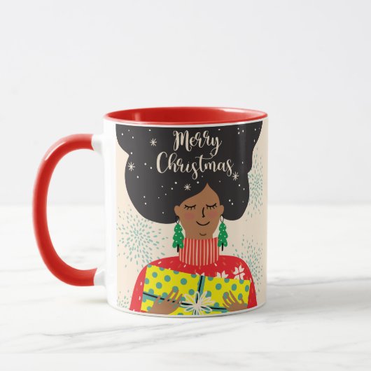 Frohe Weihnachten, schwarze Frau, heller Pullover Tasse (Links)