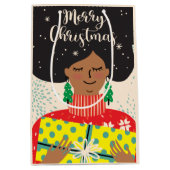 Frohe Weihnachten, schwarze Frau, helles Pullover Mittlere Geschenktüte (Vorderseite)