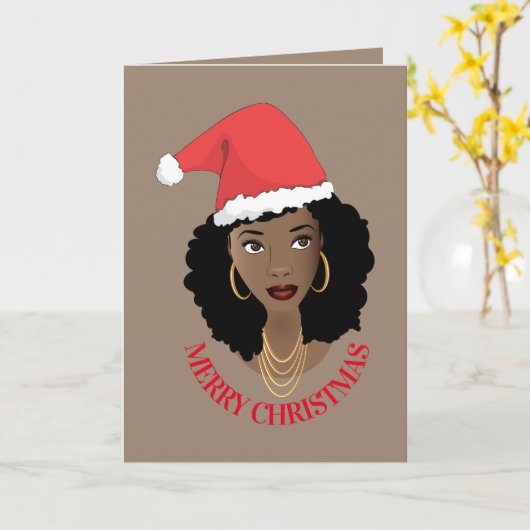 Frohe Weihnachten, schwarze Frau, rote Weihnachtsm Karte (Gelbe Blume)