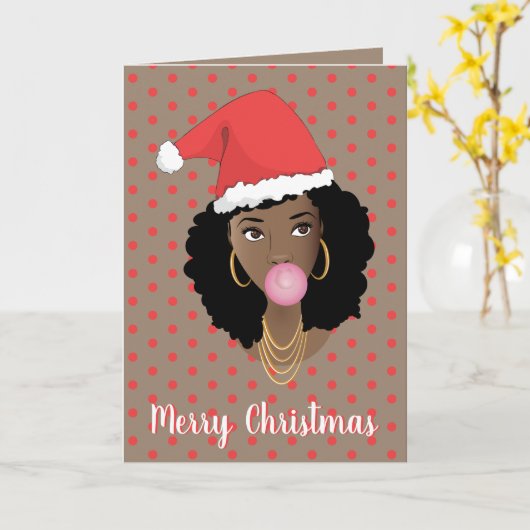 Frohe Weihnachten! Schwarze Frau, Weihnachtsmannmü Karte (Gelbe Blume)