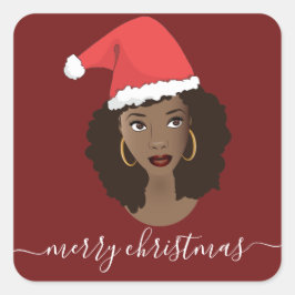 Frohe Weihnachten, Schwarze Frau, Weihnachtsmannmü Quadratischer Aufkleber
