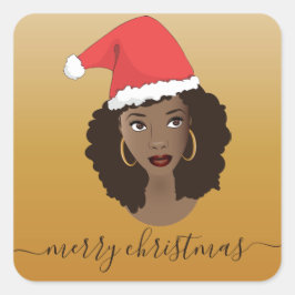 Frohe Weihnachten, Schwarze Frau, Weihnachtsmannmü Quadratischer Aufkleber